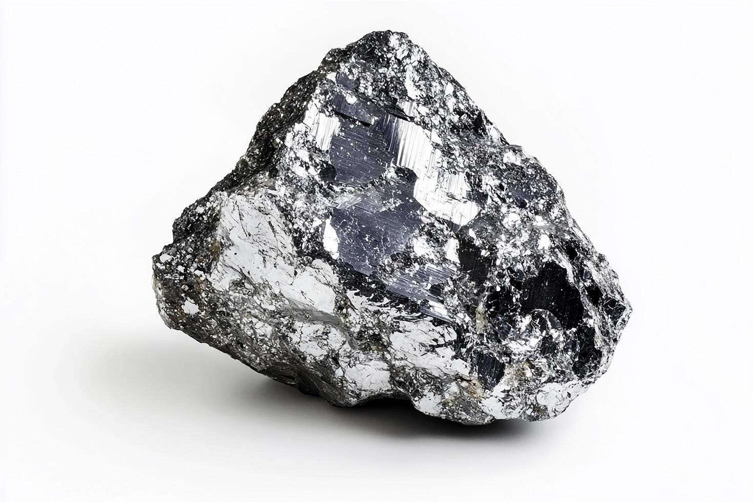 Close up shot of a shiny dark gray rock formation against a plain white background surface photo