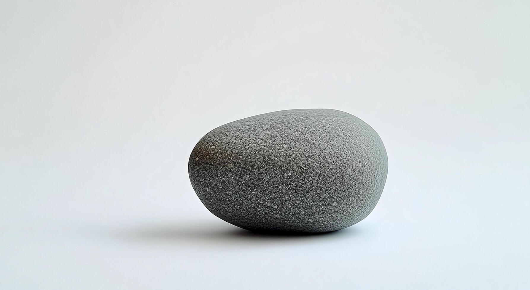 Isolated smooth grey stone with a rounded shape sitting on a white surface in studio lighting photo