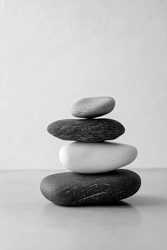 A zen stack of four smooth stones in varying shades of gray against a white background photo