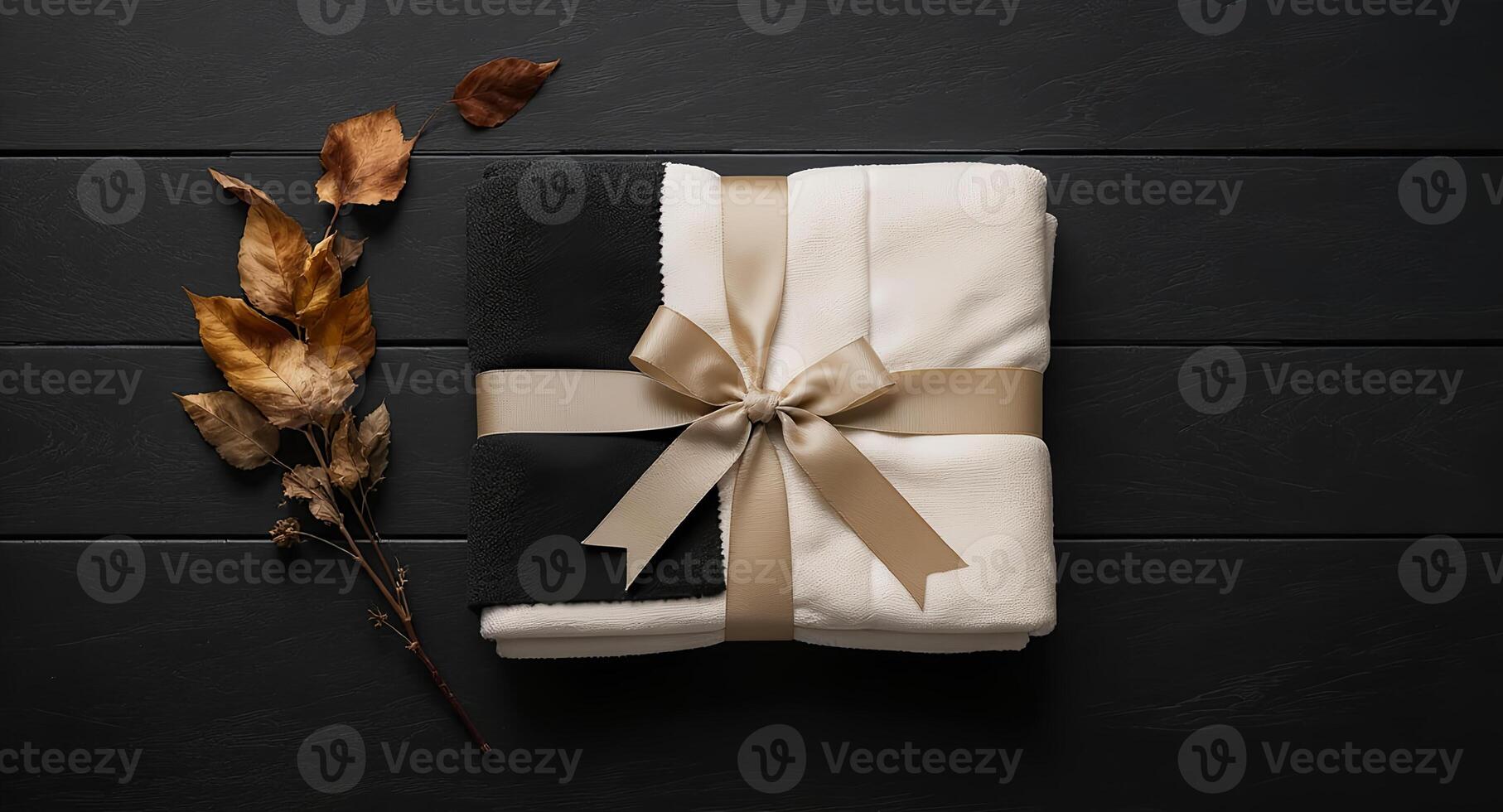 Blanket wrapped in black and white with gold ribbon on a black background photo