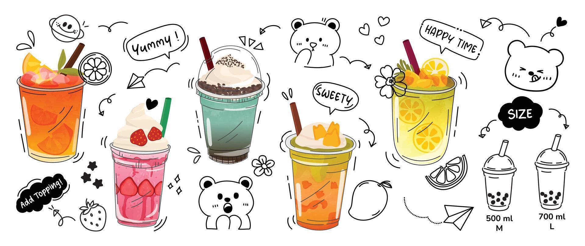 Smoothie and juice beverage with cute doodle decoration. Punch, lemon, orange juice, chocolat mint in glasses. Illustration blended coffee for logo, promotion, marketing, banner, ads. vector