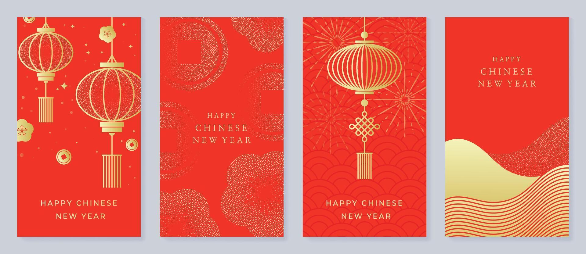 Chinese New Year hongbao red envelope design . Collection of Chinese festival with lantern, flower, cloud, pattern. Elegant oriental illustration for angpao, cover, website, calendar, ads. vector