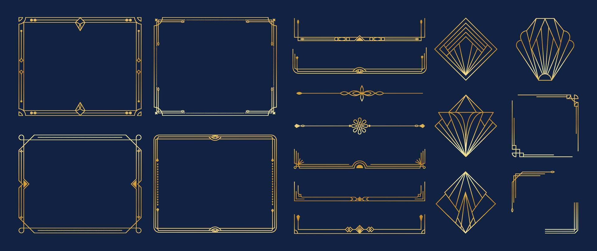 Collection of geometric art deco ornament. Luxury golden decorative elements. vector