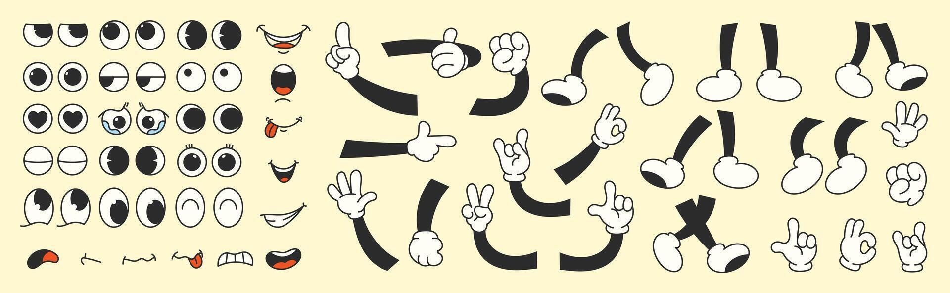Collection of cartoon character faces, leg, hand in different emotions happy, angry, sad, cheerful. Cute retro groovy hippie illustration for decorative, sticker. vector