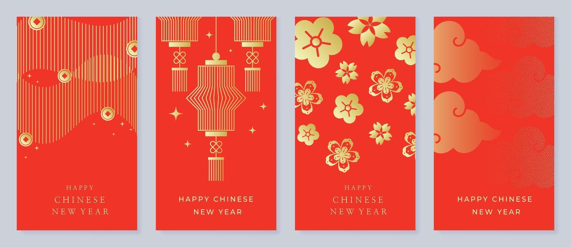 Golden and red Chinese vertical abstract backgrounds, cards, story templates, envelope design vector