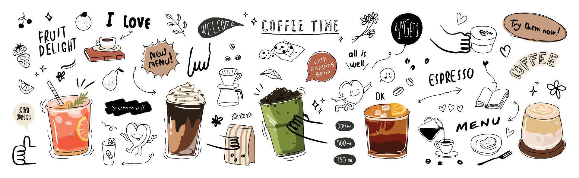 Coffee and juice beverage with cute doodle decoration. Cappuccino, matcha, orange juice, chocolat in glasses. Illustration blended coffee for logo, promotion, marketing, banner, ads. vector