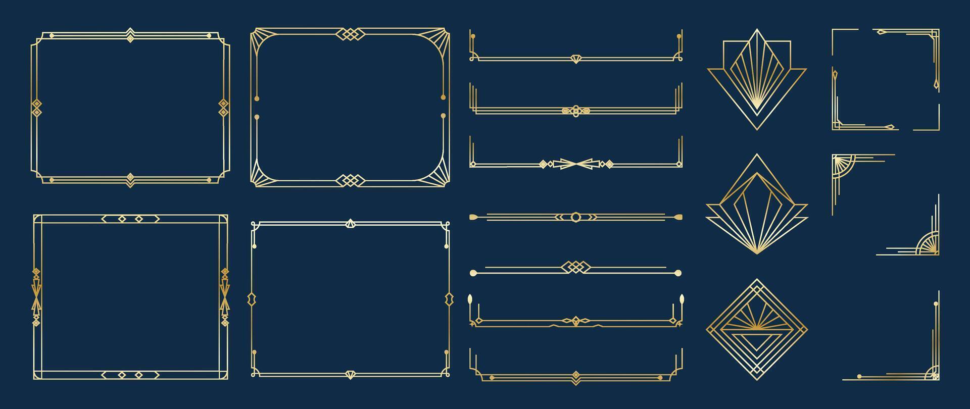 Collection of geometric art deco ornament on navy blue background. Luxury golden decorative elements with different line, frame, header, divider, border. vector