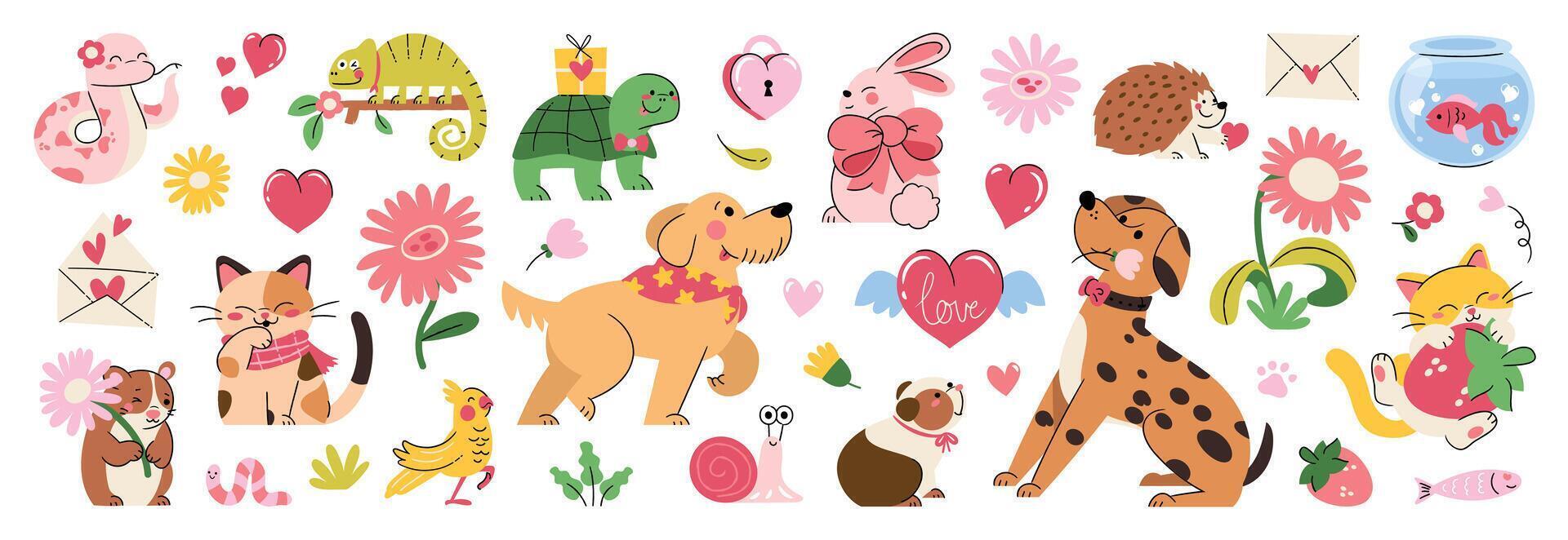 Colorful illustrations of animals and hearts vector