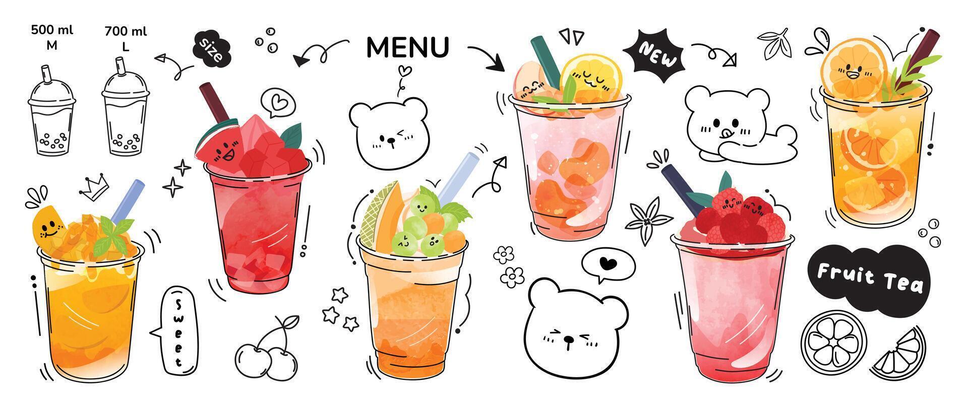 Smoothie and juice beverage with cute doodle decoration. Punch, lemon, watermelon, orange juice in glasses. Illustration blended coffee for logo, promotion, marketing, banner, ads. vector