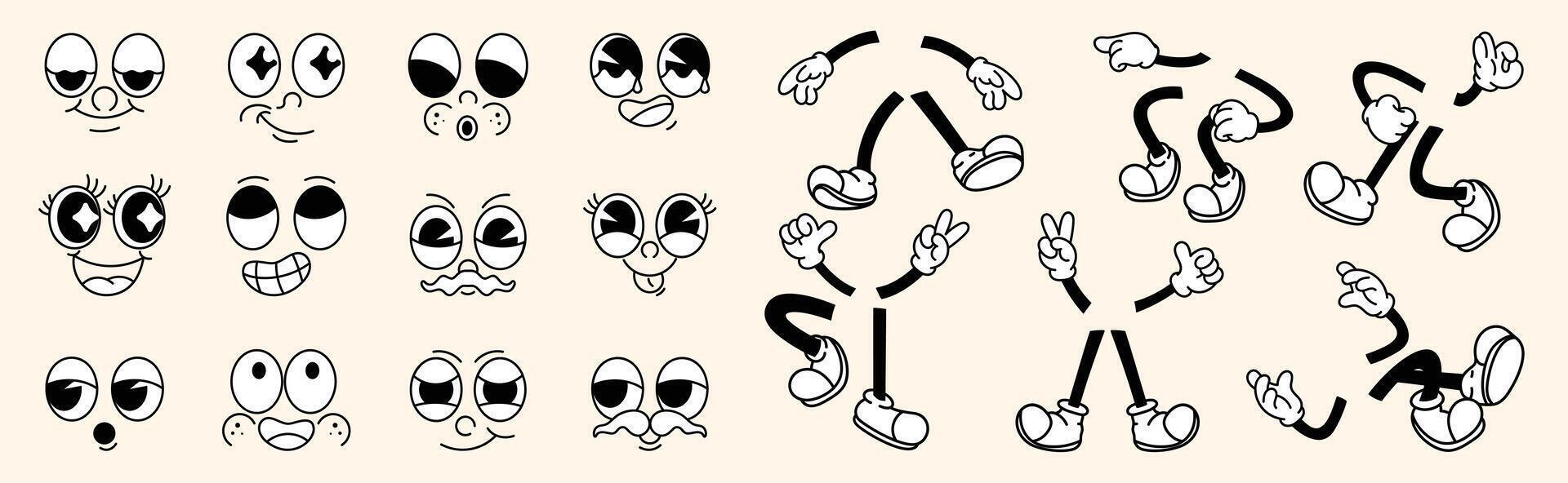 Set of 70s groovy comic faces. Collection of cartoon character faces, leg, hand in different emotions happy, angry, sad, cheerful. Cute retro groovy hippie illustration for decorative, sticker. vector