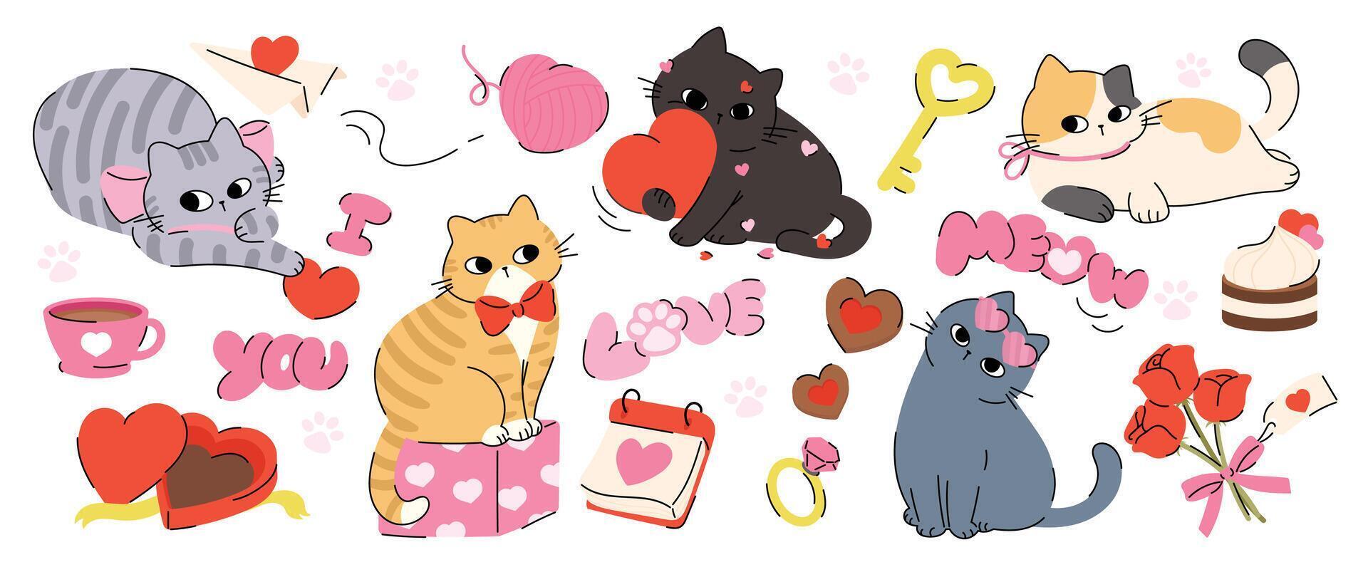Cute cartoon cats with hearts and love symbols vector