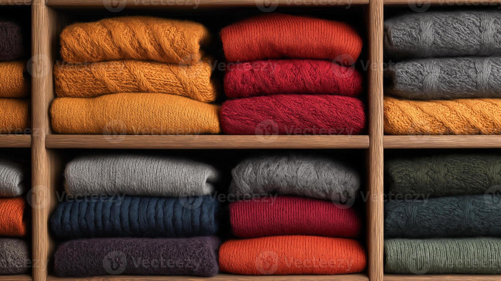 A collection of neatly folded sweaters in various colors arranged on wooden shelves for easy access. photo
