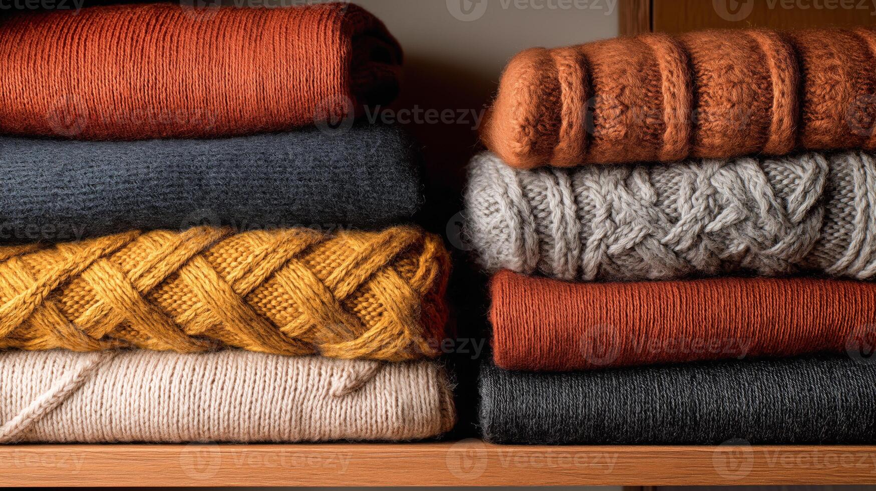 Colorful knitted sweaters neatly arranged on a wooden shelf, creating a cozy vibe. photo