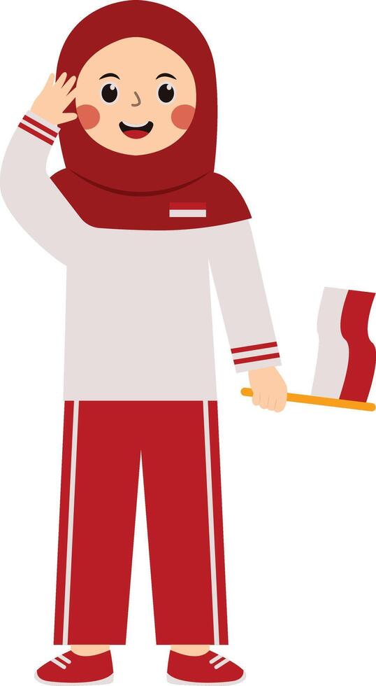 Woman Hijab Holding Flag Indonesian in Cartoon Concept. vector