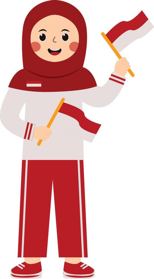 Woman Hijab Holding Flag Indonesian with Cartoon Design. vector