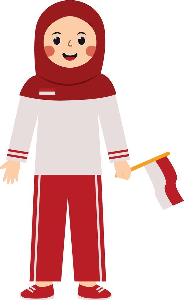 Woman Hijab Holding Flag Indonesian. Isolated on White Background vector