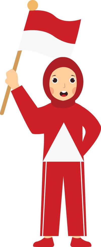 Little Girl Holding Indonesian Flag, Isolated on White Background. vector