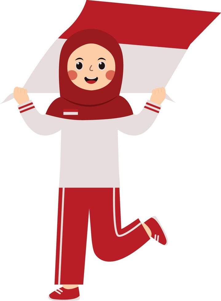 Woman Hijab Holding Flag Indonesian with Cartoon Concept. vector
