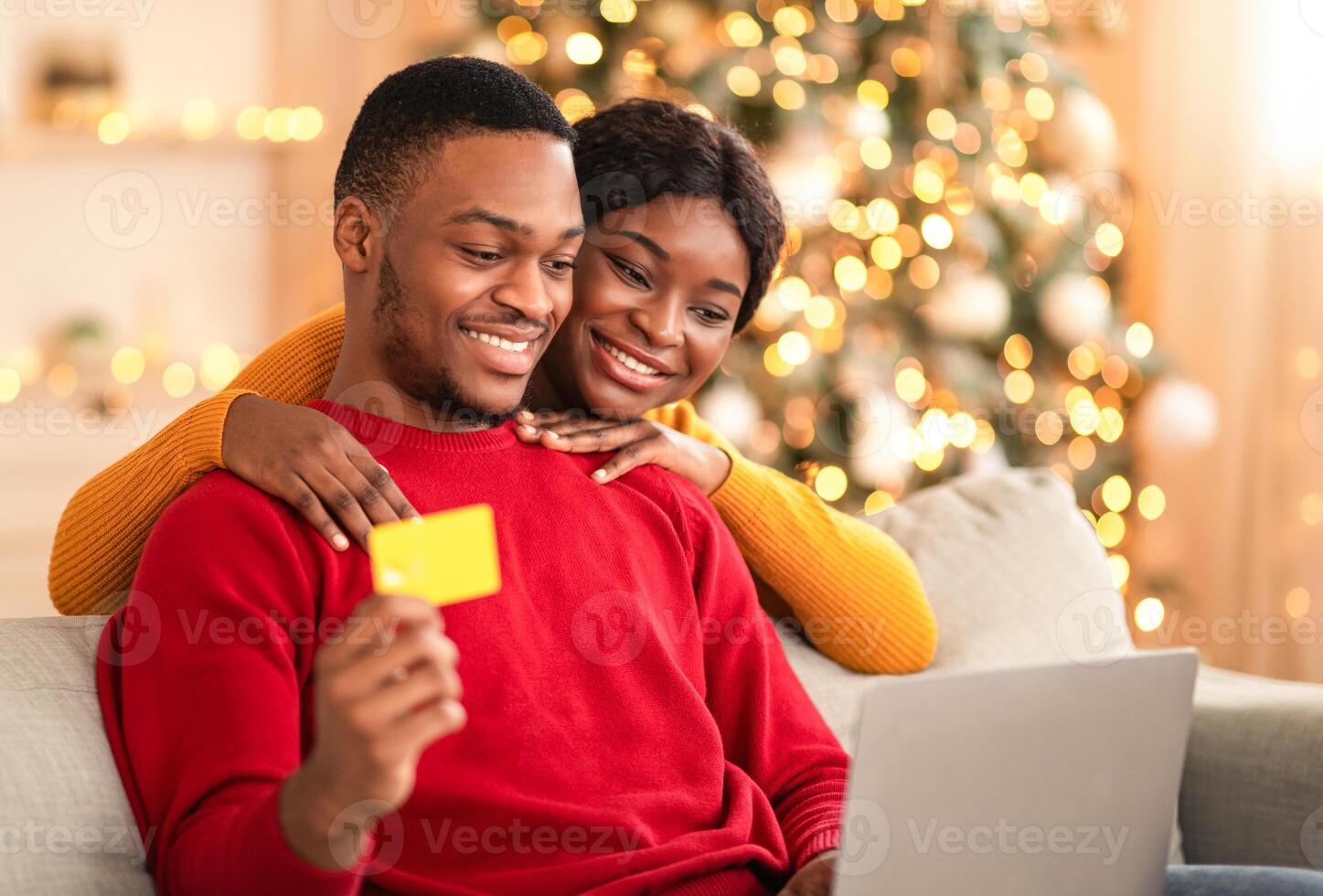 Couple with laptop and credit card at Christmas photo