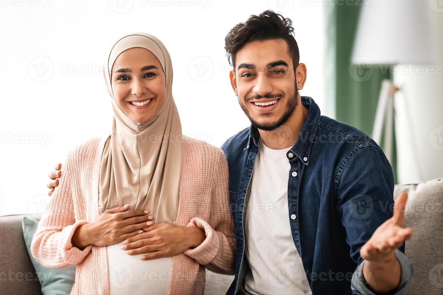 Cheerful Pregnant Islamic Spouses Making Call From Home, POV Screenshot. Happy Middle Eastern Spouses Awaiting For Baby Talking At Camera Making Pregnancy Announcement To Friends, Collage photo