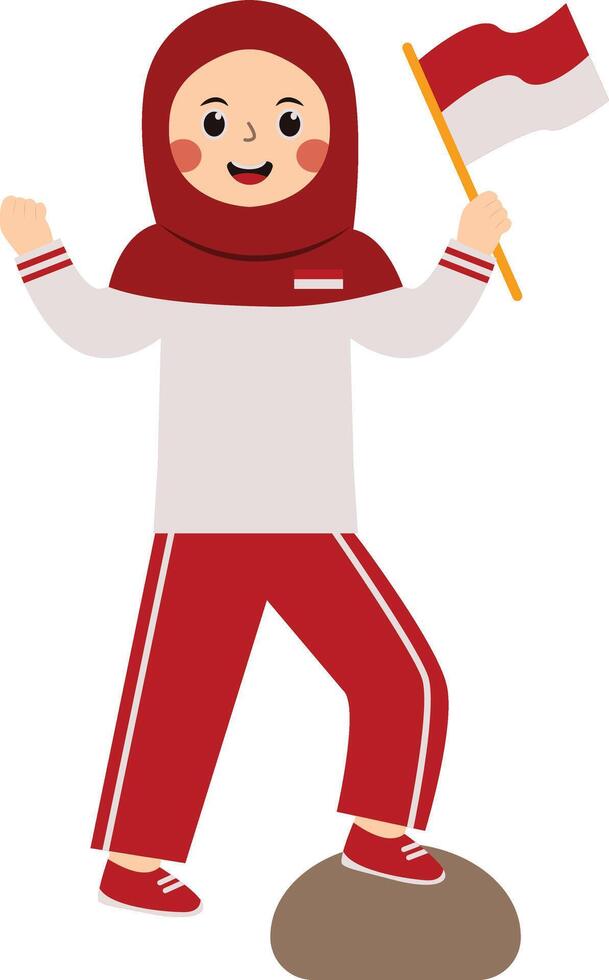 Woman Hijab Holding Flag Indonesian. Illustration in Cartoon Design. vector
