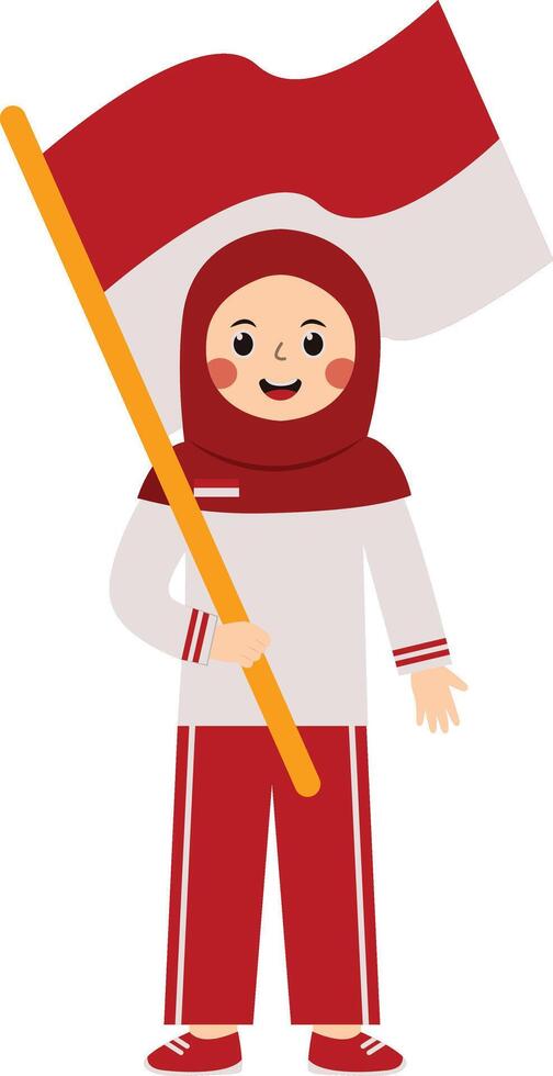 Woman Hijab Holding Flag Indonesian, Cartoon Character. vector