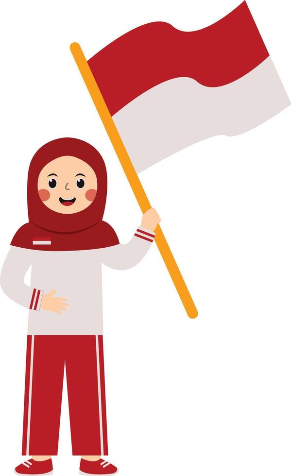 Woman Hijab Holding Flag Indonesian with Cartoon Concept vector