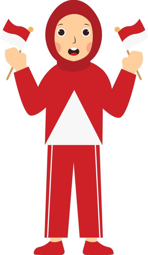 Little Girl Holding Indonesian Flag with Cartoon Design vector