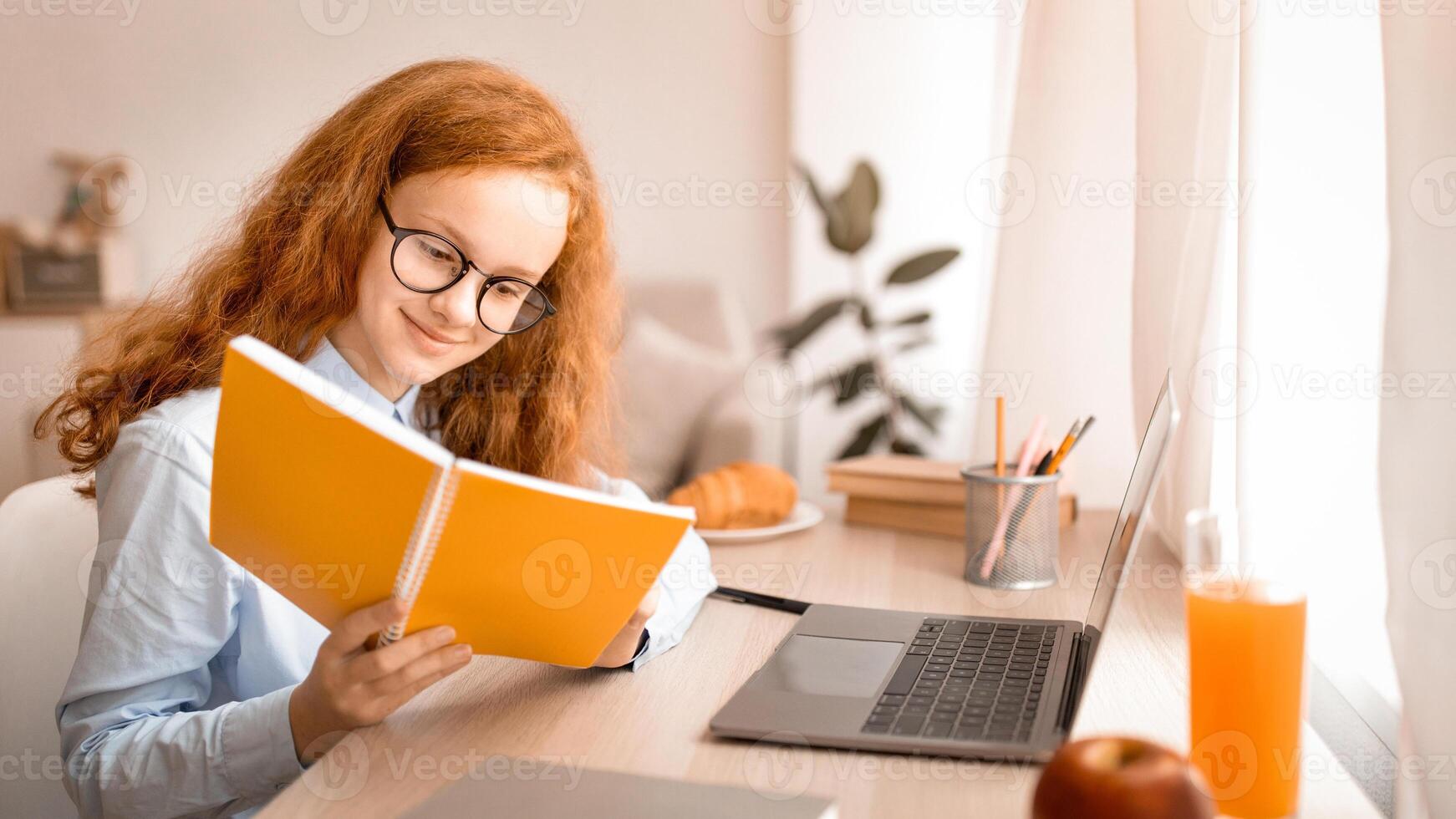 Learning And Education Concept. Portrait of young smiling red-haired girl wearing eyeglasses, sitting at desk with laptop, reading and doing homework, holding notebook. Teen studying at home photo