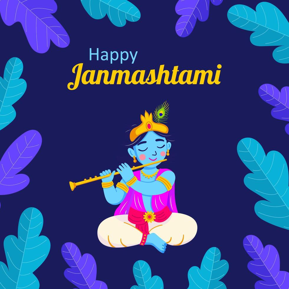 Colorful Janmashtami greeting card with Lord Krishna vector