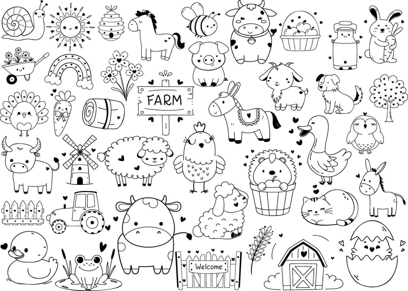 Farm Animal Doodle Cartoon Cute Kids Pig Cow Horse Duck Sheep Goat vector