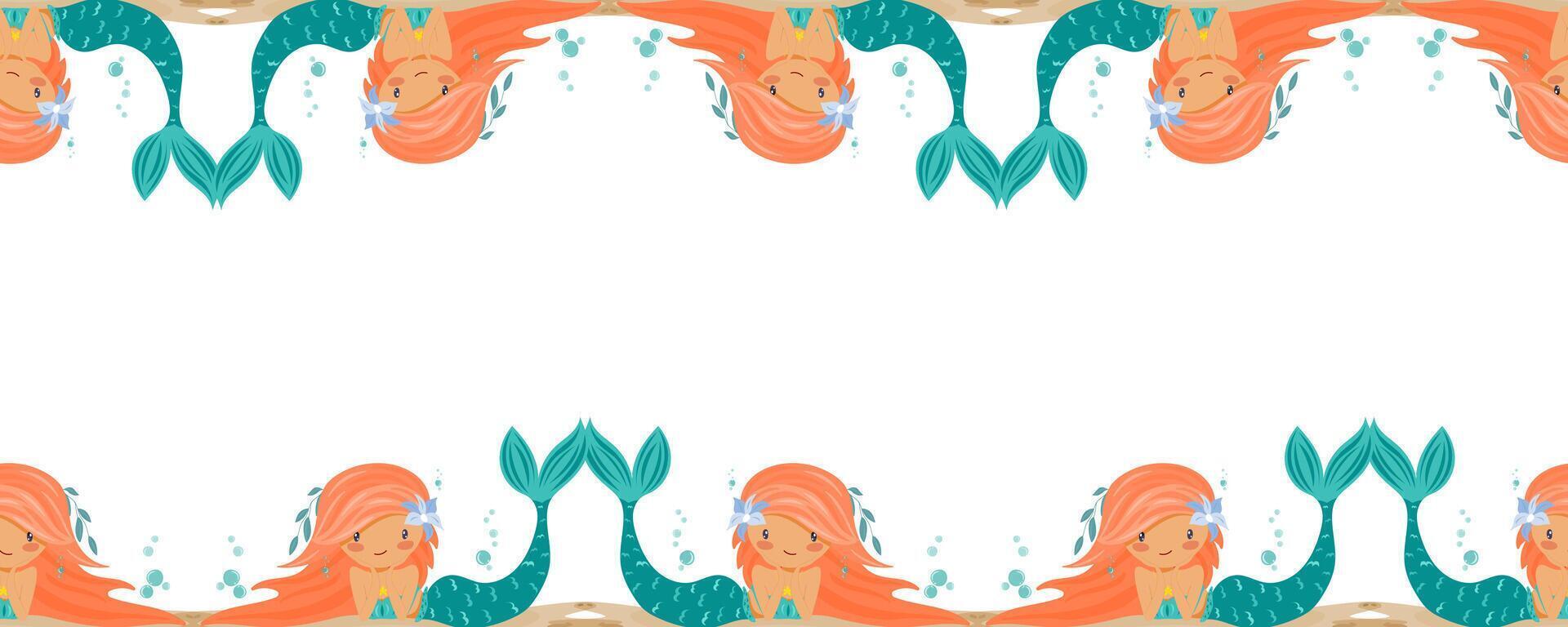 Seamless border with redhaired mermaids on top and bottom vector