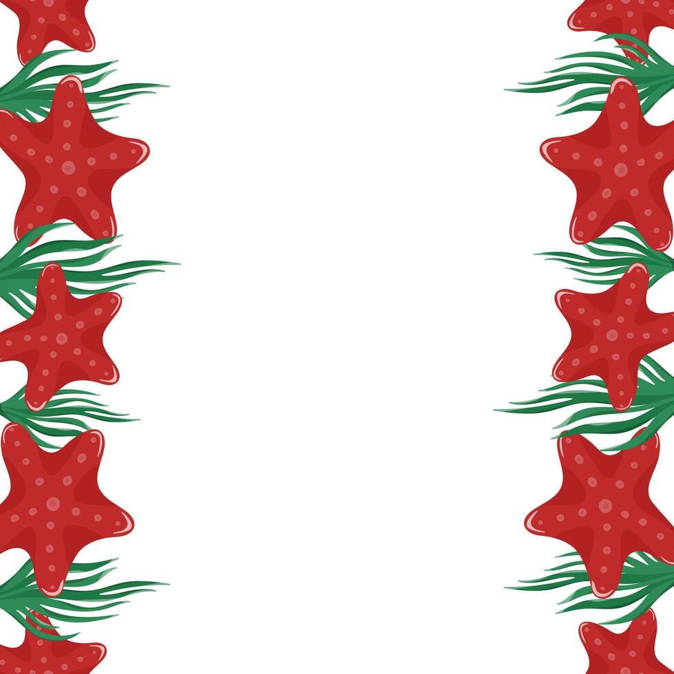 Background with red starfish and green seaweed vertical border vector