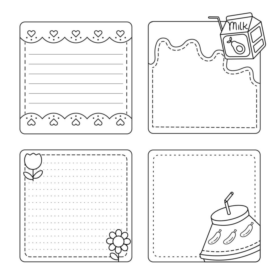 Cute Black and White Memo Pad Set with Milk Carton and Flower Doodles for Journaling Notes and Scrapbooking vector