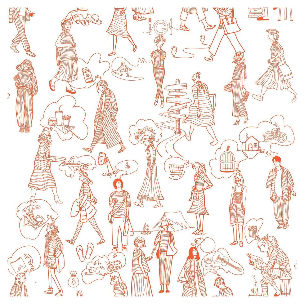 Seamless line drawing artwork in orange on a white background shows a collage of people and travel related images.. vector
