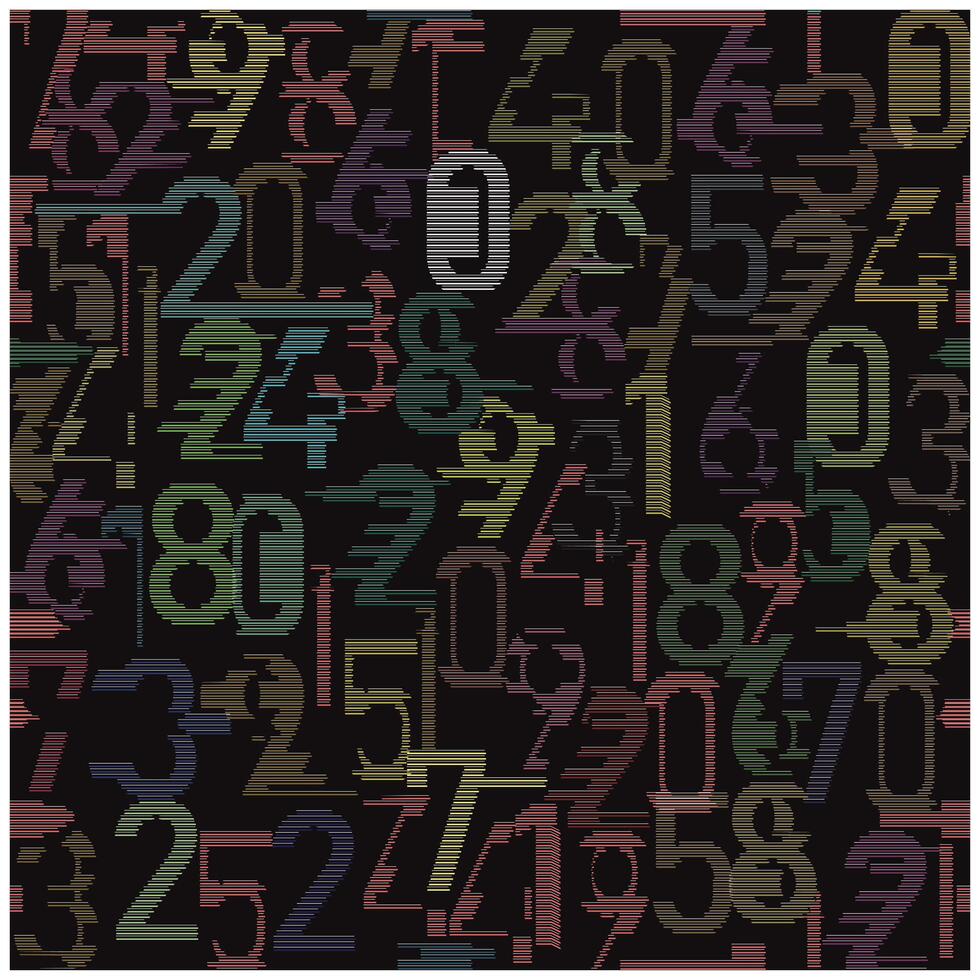 A chaotic arrangement of colorful, stylized numbers against a dark background, creating a visually striking abstract design. vector