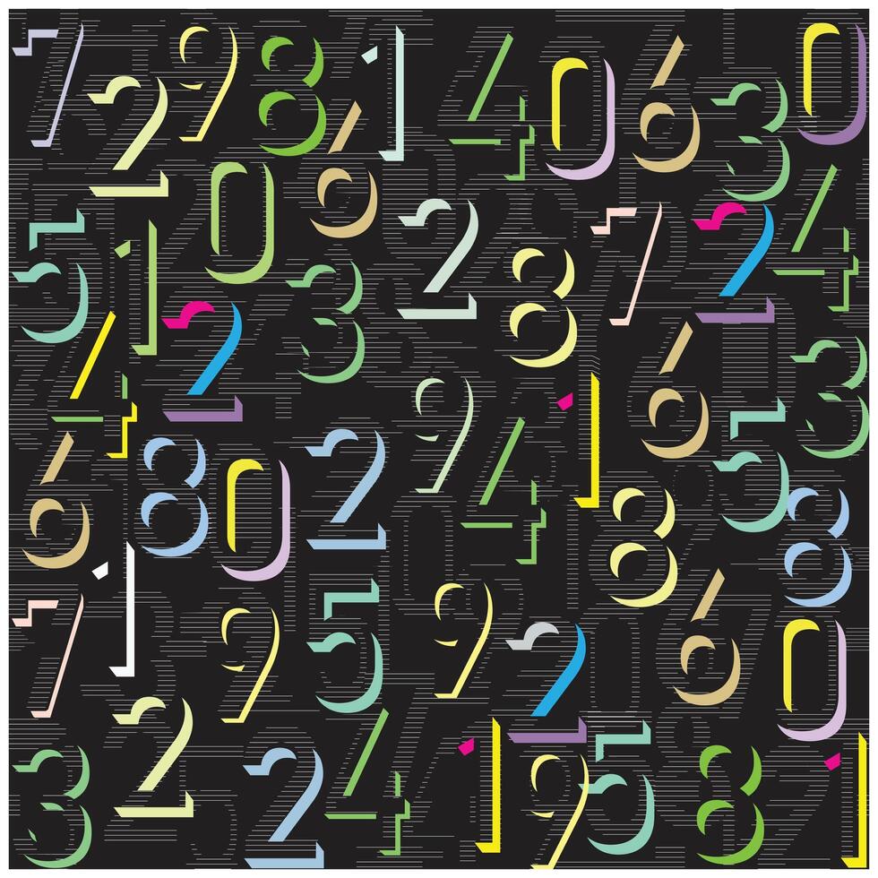 repeat number typography print design, An abstract design featuring a colorful array of numbers scattered across a dark background. vector