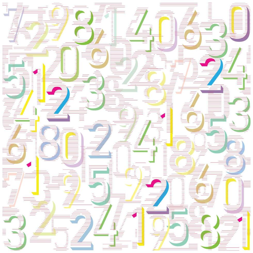 Colorful repeat Number typography print pattern on white background with colorful different numbers on line art effect. vector