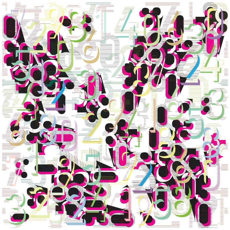 Vibrant repeat text pattern in abstract design with an array of numbers and letters interwoven in a dynamic pattern. vector