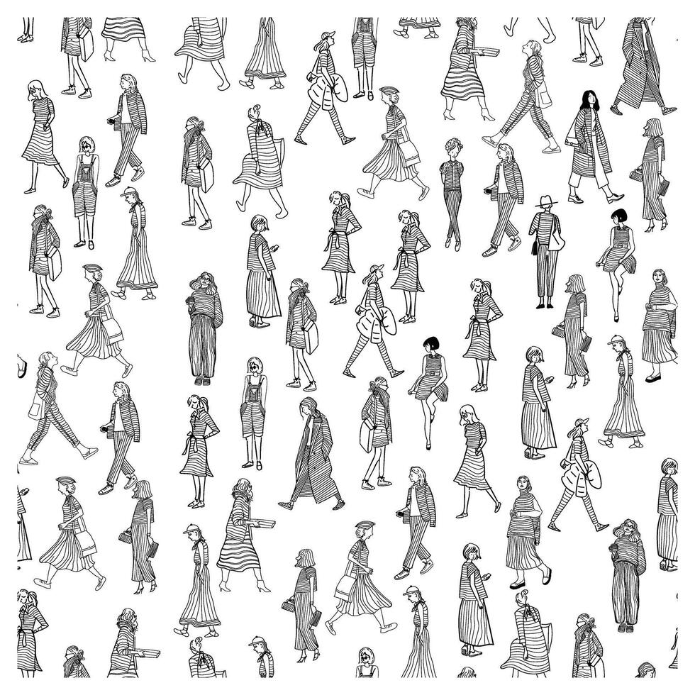 A seamless monochrome print pattern, human illustration of several individuals walking, capturing the essence of movement and interaction in a public space. vector
