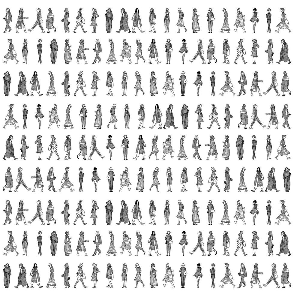 A repeat monochrome print pattern, human illustration of several individuals walking, capturing the essence of movement and interaction in a public space. vector