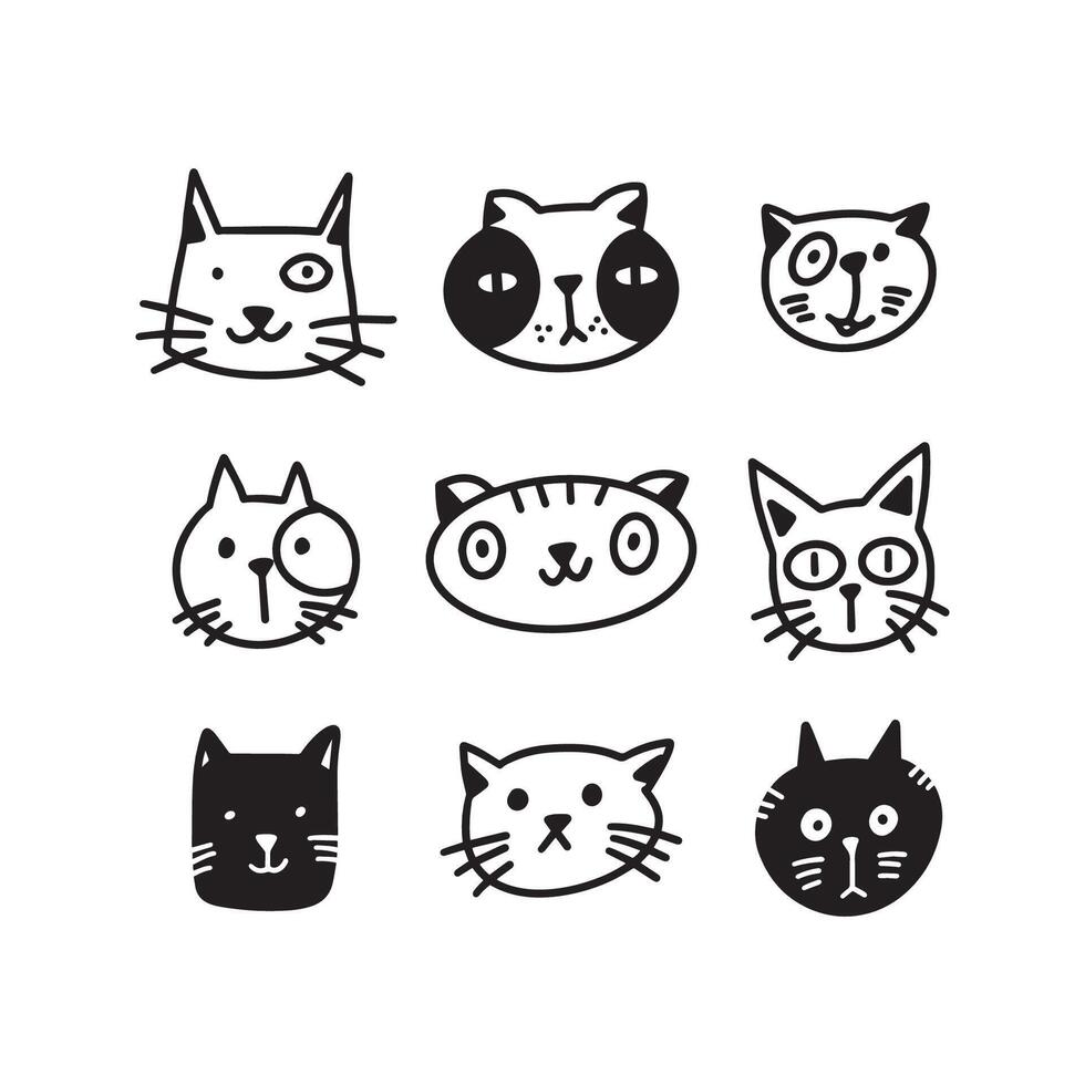 Set of Cute cat head outline illustration vector