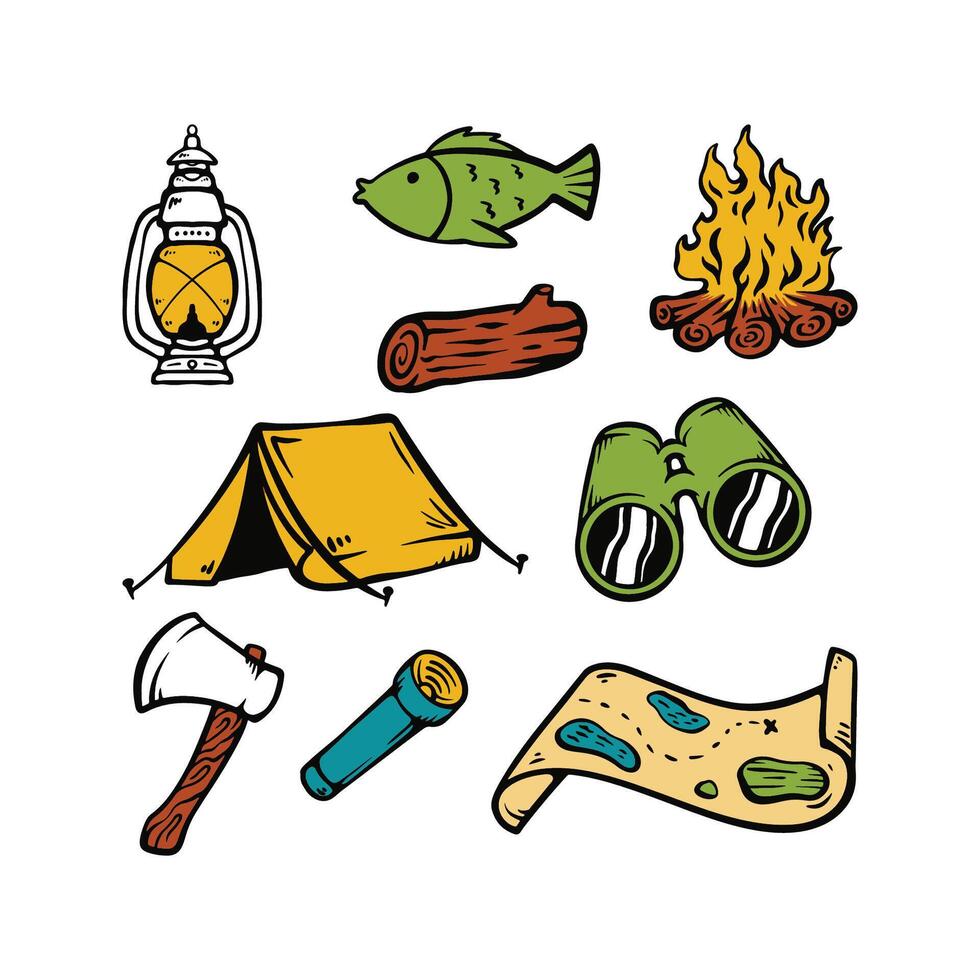 Fun Cartoon of Camping Equipment in the Wild Collection vector