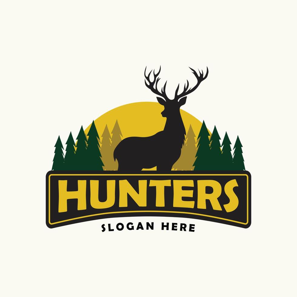 Deer Hunters Logo Illustration, with silhouette of pine trees and moon in the background vector