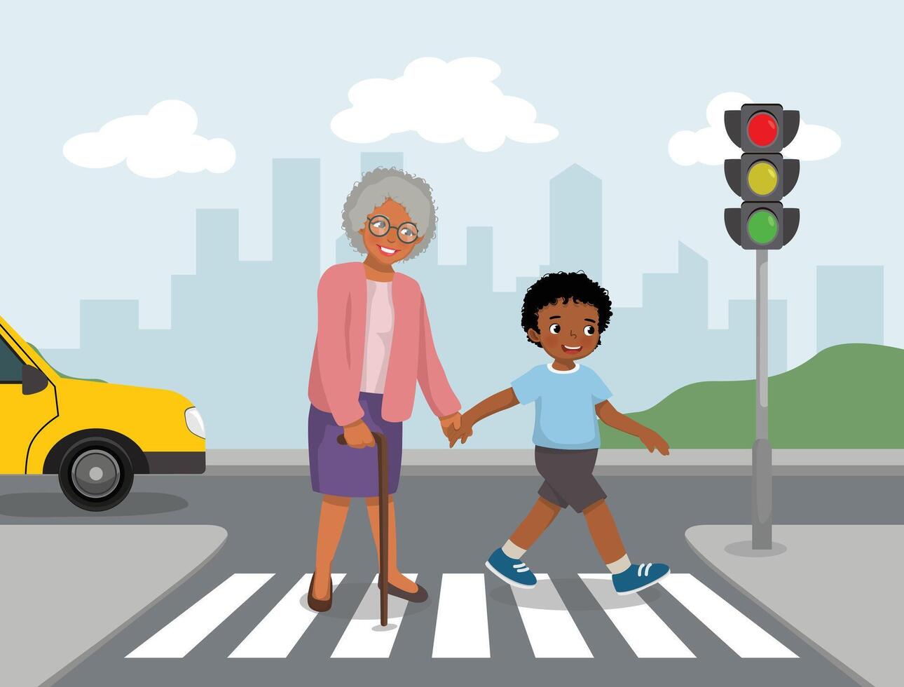 Grandmother and grandson crossing street vector