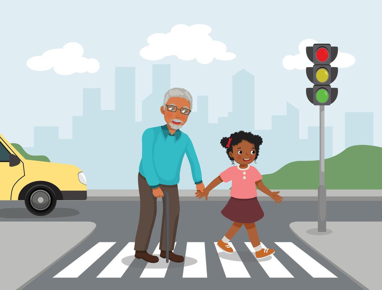 Grandfather with granddaughter at crosswalk vector