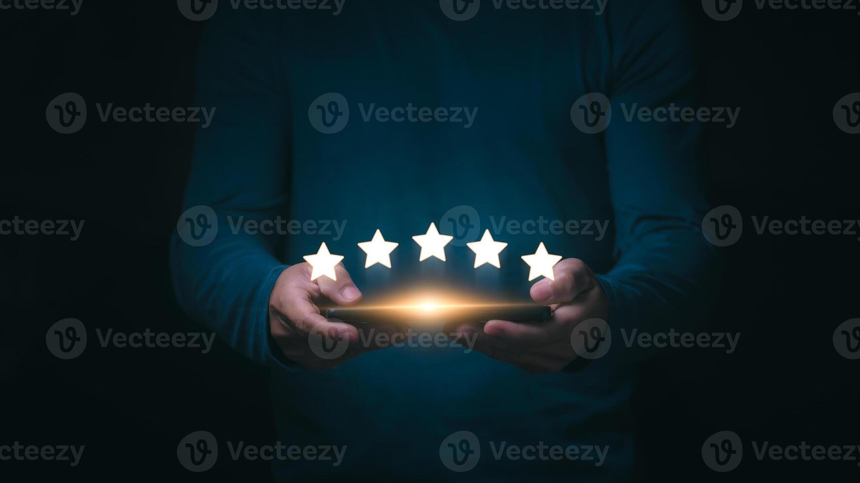 A concept of surveying and evaluating customer service satisfaction towards business, man is showing 5 star rating, indicating high satisfaction with service, online marketing, after-sales service. photo
