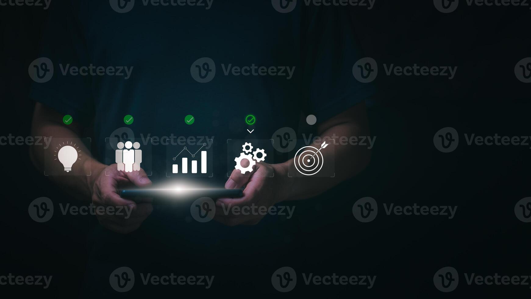 The concept of tracking progress and monitoring work, planning and process of working towards goals, businessman showing process to work towards common goals. photo