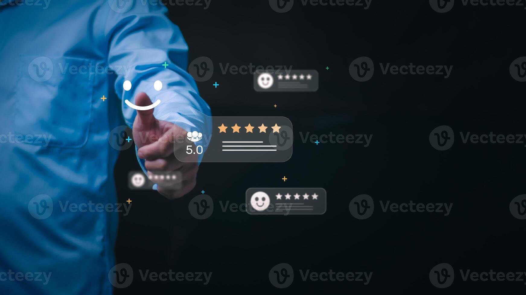 the Online consumer quality or satisfaction assessment. Men are showing satisfaction ratings from using the service. 5 stars means very satisfied, online marketing, after-sales service. photo