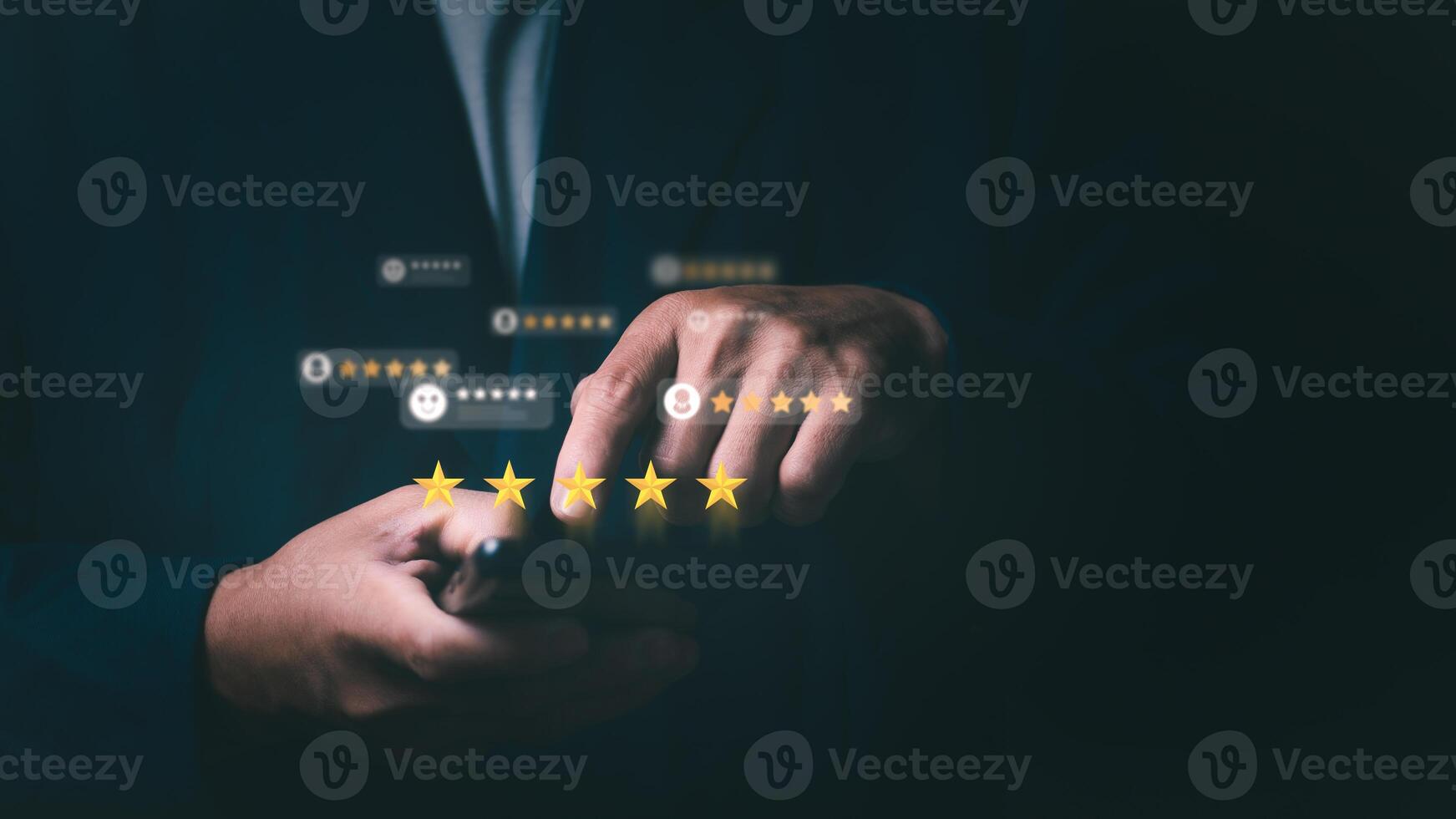 concept of a customer satisfaction survey is that after using the service, customers choose to give excellent reviews with 5 stars, feedback, online reviews, and quality satisfaction reviews. photo